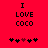 Red background with black text "I LOVE coco" and five heart symbols below, where the third heart is maroon.