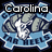 Pixelated map of North Carolina with 'Carolina' text above and 'Tar Heels' below, featuring blue water, gray landmasses, and white star symbols.