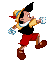 Pixelated cartoon character in yellow shirt, red shorts, blue bow tie, and brown shoes running with arms outstretched across four of frames
