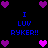 Pixelated icon with blue text "I LUV RYKER!!" repeated four times on black background, surrounded by purple and pink heart shapes.