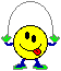 Yellow smiley face with black eyes and red tongue sticking out, blue limbs with green hands/feet holding gray jump rope against light gray background.
