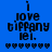 Blue background with black pixelated text reading "i love tiffany lei." and a of small heart symbols below, displayed in three across six