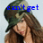 A woman with long brown hair wearing a camouflage hat, with blue text above her head changing across frames.