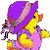 Pixelated character with purple hair, yellow body, and pink accents in a side profile pose against white background.