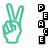 A pixelated green hand icon with two fingers extended upward and a thumb visible, positioned next to vertical black-and-white text blocks.