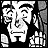 Pixelated black-and-white animated contact sheet showing a character's face and text elements with dithering effects on a transparent background.