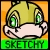 A 4x4 contact sheet of animated frames showing a yellow cartoon character with green eyes and pink cheeks, each frame labeled "SKETCHY" on a bright green banner below the character against an orange background.