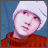 Pixelated image of a person wearing white headwear and red clothing against a blue background.
