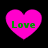 Four pink heart shapes with green text "Love" on a black background, arranged in a