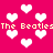 Pixelated pink background with white heart shapes and repeated yellow text "The Beatles" in a retro digital style.