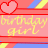 Pixelated birthday-themed icon with pink background, red horizontal lines, and yellow cursive text reading 'birthday girl' under a heart symbol.
