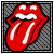 Red lips with a tongue sticking out, white teeth visible, black outline on gray diagonal striped background.