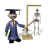 Animated contact sheet showing a cartoon professor in blue graduation gown and cap interacting with a skeleton model on a wooden stand across multiple frames.