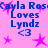 Pixelated pink background with blue text reading "Cayla Ros Loves Lyndz <3" and scattered purple star shapes.