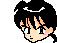 Pixel art character head with black hair in twin buns, light skin, and peach cheeks; expressions shift from neutral to squinting eyes while mouth remains closed.