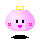 Four pixelated pink blob characters with yellow bows, black eyes, and pink blush marks, each in a different facial expression, positioned above black pixel shapes on a gray background.