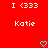 Red background with white text 'I <333' at top, 'Katie' in middle, and two cyan pixelated hearts below.