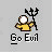 Pixel art character in yellow robe holding black trident, with white circular head, red accents on body, and 'Go Evil' text below on gray background.