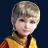 Pixelated character portrait with short light brown hair, blue eyes, and a yellow-orange jacket over red clothing against dark background.