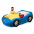 Pixelated blue convertible car with yellow interior and red accents, occupied by a seated figure wearing a cap and light-colored shirt.
