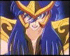 Anime character with blue hair and golden armor performs a sequence of actions including summoning a winged creature, emitting energy from hands, and transforming into a glowing form.