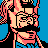 Pixelated 48x48 static icon of a character with peach skin, black hair, and pink accents against blue background, wearing dark clothing with visible collar and shoulder details.