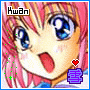 Anime-style character with pink hair and blue eyes, mouth open in surprise, wearing a red heart symbol above purple text.