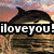 Dolphin leaping from water with 'iloveyou!iloveyou!' text overlay against sunset sky.