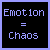 Six square display 'Emotion = Chaos' text in different colors against black backgrounds, each bordered by a solid color frame