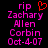 Pixelated text memorializes Zachary Alen Corbin with 'rip' and a red heart symbol above pink lettering on black background.