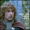 Six-frame contact sheet from an animated icon showing two characters in medieval-style clothing with text overlays asking if they've arrived, displayed as a 3x2 grid of pixelated video frames.
