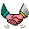 Pixelated cartoon hands shaking with green and yellow accents, pink and orange hands, gray background, and small pixel clusters below.