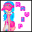 Pixel art character with blue hair and pink cap holding a microphone, surrounded by pink and cyan letters spelling 'RAVE' on white background.