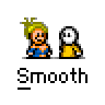 Animated contact sheet of 16 pixel art frames showing two cartoon characters interacting with changing speech bubbles and poses against a gray background.