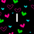 Animated icon with multiple text elements and heart symbols on a black background with colorful hearts.