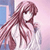 Pixelated anime-style character with long brown hair, white face, and dark eyes, wearing a white top against a pink and blue background.