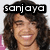 Pixelated image of a person with long dark hair wearing a black rectangular banner displaying 'sonjaya' in white block letters across the top.