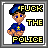 Pixel art contact sheet showing two frames of an animated icon featuring a cartoon police officer with text "FUCK THE POLICE" in different color schemes.