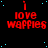 Red text 'i love waffles' on black background with blue dots, static image with no visible animation changes.