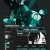 Pixelated teal and white figure with raised arms on dark background, standing above abstract geometric shapes.