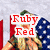 Animated icon shows a woman with blonde hair and green cap against American flag background, text changes from 'Ruby Red' to 'Says' to 'Happy 4th Of July'.