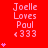 Red background with repeated text "Joelle Loves Paul" and three '3's, surrounded by pink heart symbols in varying quantities.