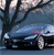 A static pixelated image shows a dark blue sedan with a light blue roof parked under a tree with bare branches against a pale sky.