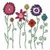 Pixelated floral arrangement with seven distinct flowers on slender stems against a white background.