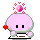 Pixelated pink character with black eyes, green outline, and red heart-shaped prop on gray background.