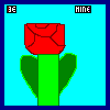 A static red rose with green stem and leaves on cyan background, with animated heart effects in lower-left corner.