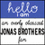 Blue and white graphic with 'hello i am' text above a pixelated face, alongside black-and-white fan text and red bow details.
