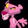 Static pixelated image of a pink cartoon panther with yellow eyes and red nose against black background, arms crossed in front of chest.