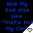 Blue pixelated text on black background reads "And My Dad Was Like 'That's Not My Car'" with white triangular icons containing heart symbols.
