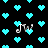 Pixelated cyan hearts float on black background with four white musical notes and 'JW' text in motion.